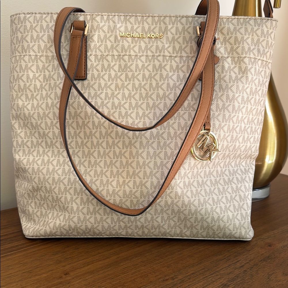 Michael Kors Cream and Brown Tote Bag with Monogram Print